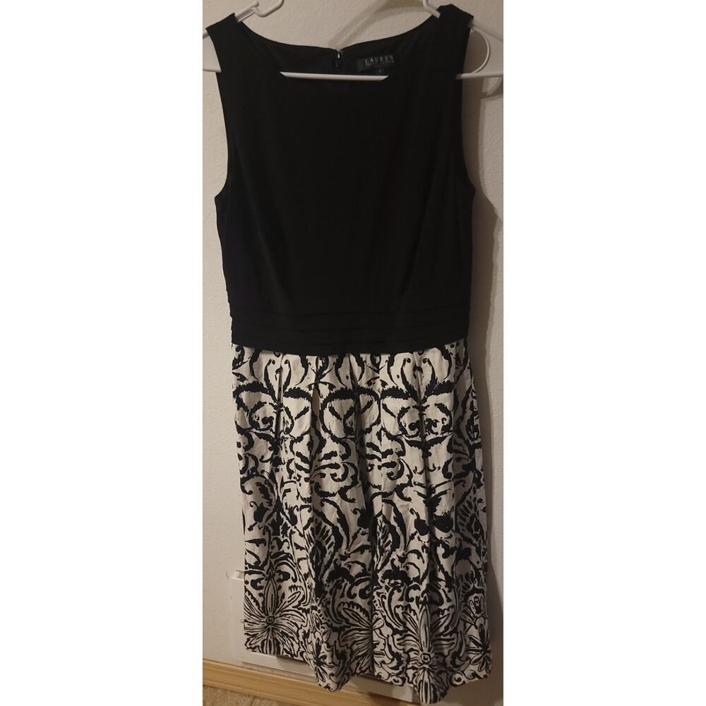 Lauren Ralph Lauren Floral Dress Womens Size 6 Sleeveless Pleated Waist Black